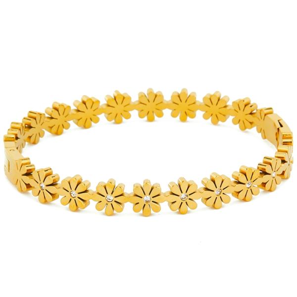 STAINLESS STEEL FLORAL CZ OPEN BANGLE BRACELET