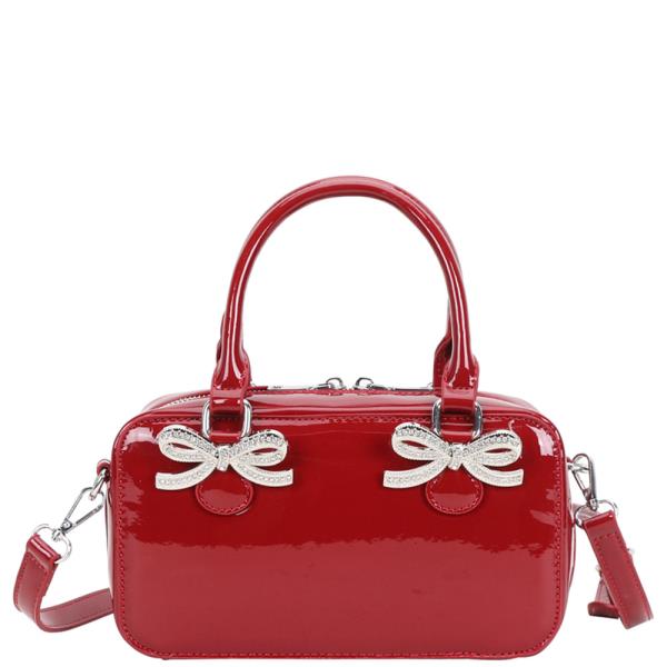 ENAMEL BOW EMBELLISHED TOP HANDLE MINI CROSSBODY BAG