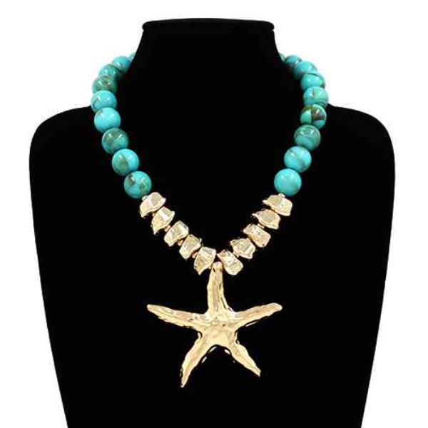 CHUNKY BEAD STARFISH PENDANT STATEMENT NECKLACE