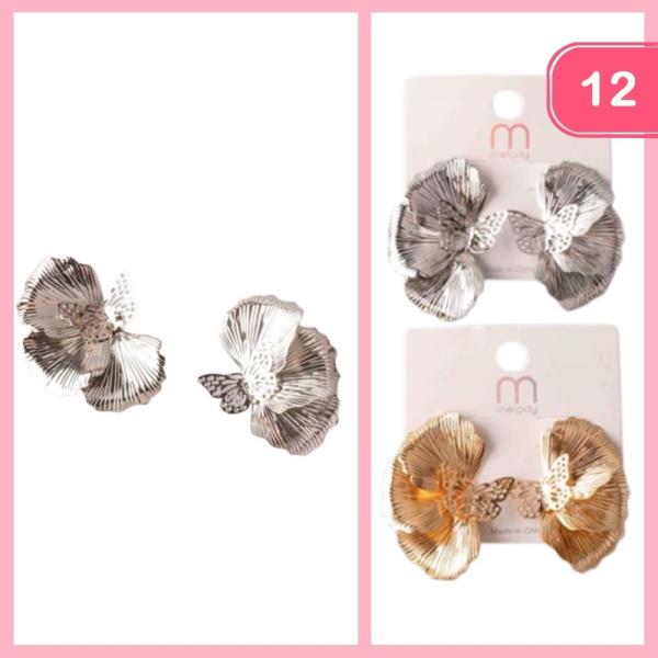 METAL FLOWER BUTTERFLY STUD EARRING (12 UNITS)