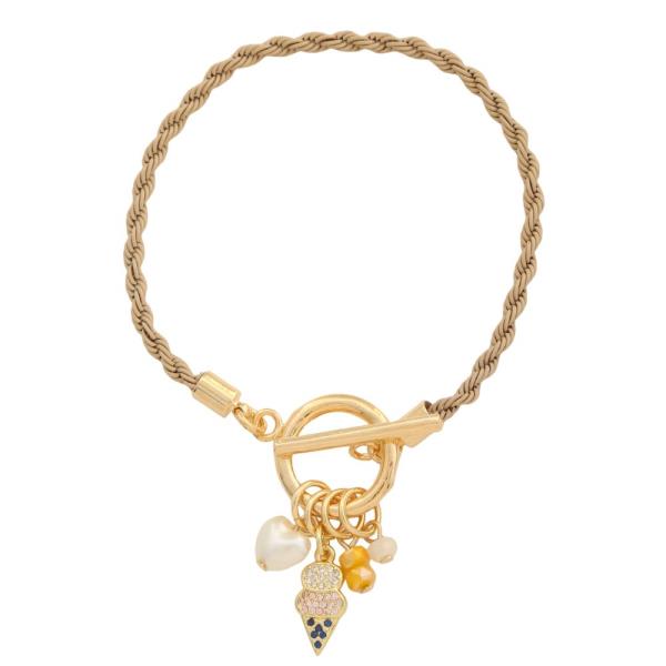 SODAJO ICE CREAM MULTI CHARM ROPE LINK TOGGLE CLASP GOLD DIPPED BRACELET