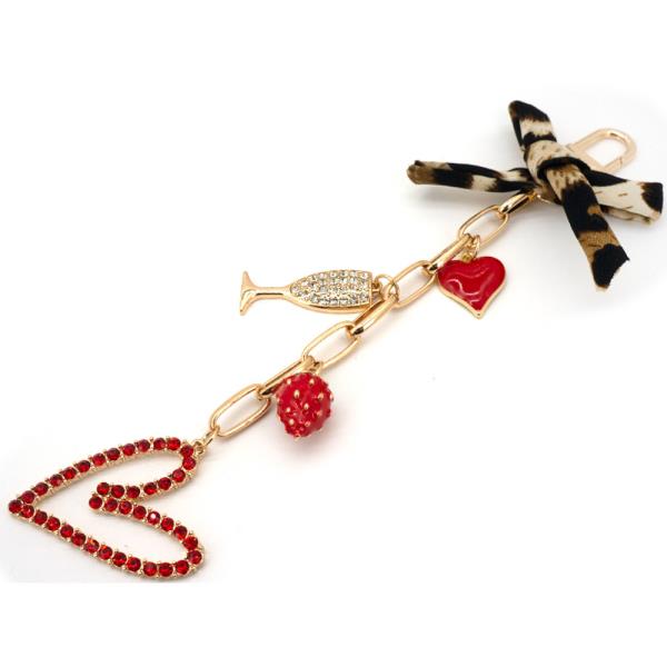 VALENTINES DAY RHINESTONE HEART LEOPARD BOW CHAIN BAG CHARM KEYCHAIN