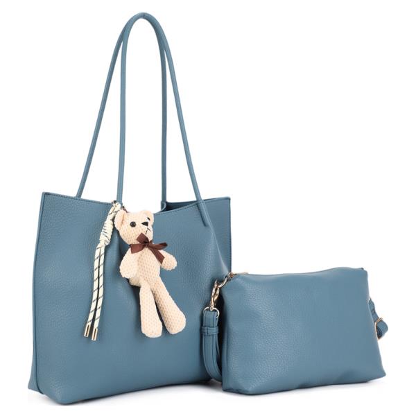 FAUX LEATHER TOTE BAG MINI CROSSBODY BAG SET WITH TEDDY BEAR BAG CHARM