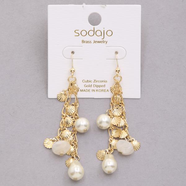SODAJO PEARL BEAD SEASHELL CHARM GOLD DIPPED DANGLE EARRING