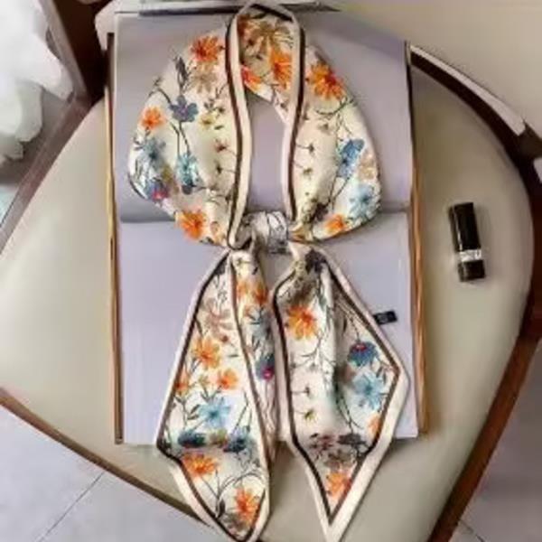 FLORAL ORNATE PANEL PATTERN SILKY BANDANA SQUARE NECK SCARF