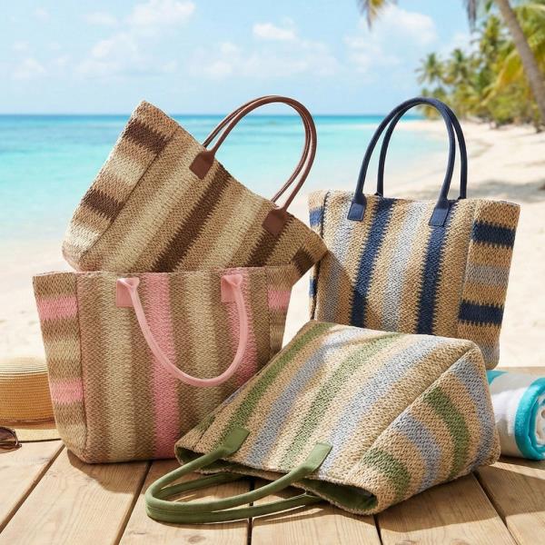 NATURAL BROWN MULTI COLOR STRIPE STRAW TOTE BAG