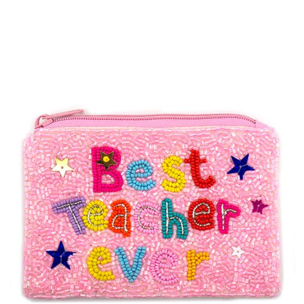 SEED BEAD BEST TEACHER EVER TYPOGRAPHY STAR GRAPHIC COIN PURSE BAG