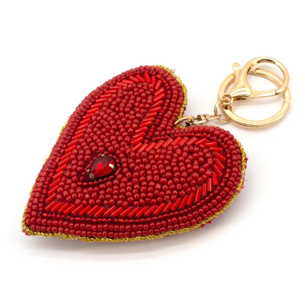 SEED BEAD HEART SHAPED PADDED BAG CHARM KEYCHAIN