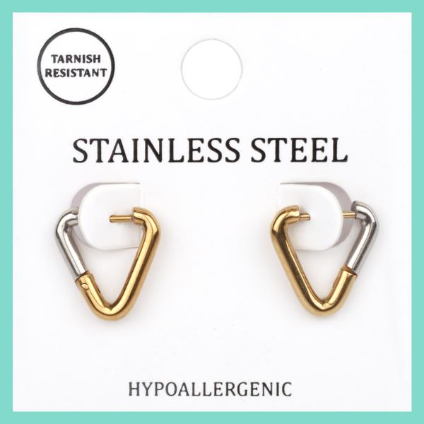 METAL TWO TONE STAINLESS STEEL HOOP HUGGIE TRIANGLE EARRING