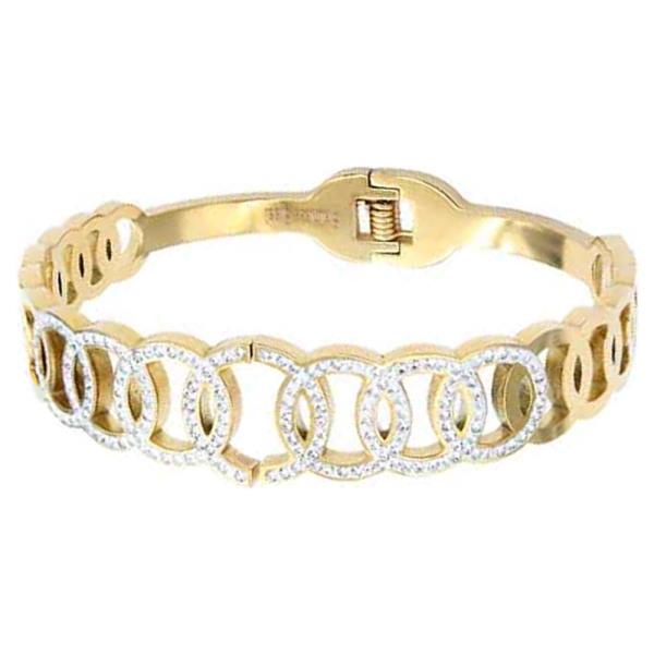RHINESTONE ROUND GOLD PLATED STAINLESS STEEL HINGED BANGLE BRACELET