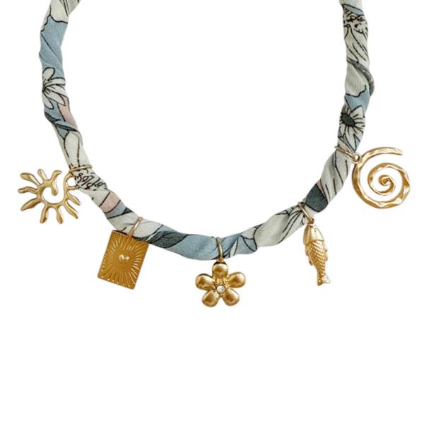FABRIC WRAP FLOWER SPIRAL METAL MULTI CHARM NECKLACE