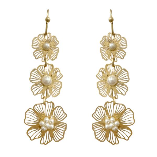 METAL TRIPLE FLORAL DROP DANGLE EARRING