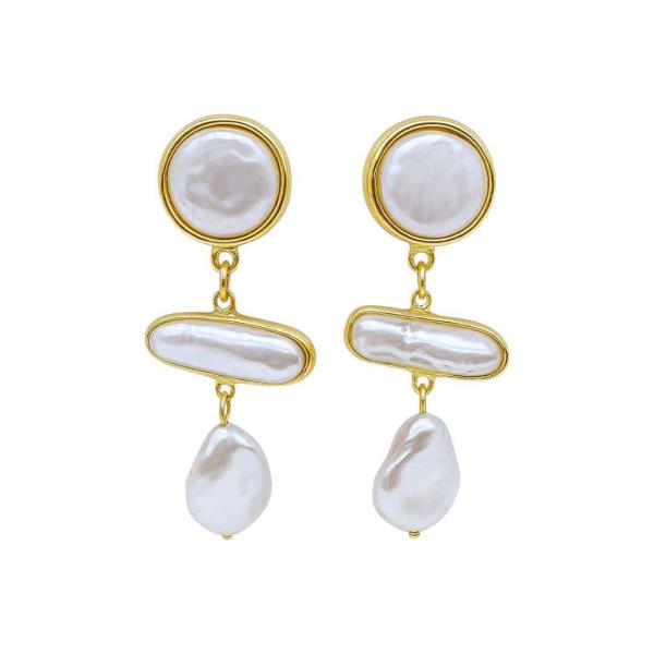 METAL ROUND FRAME PEARL DANGLE EARRING