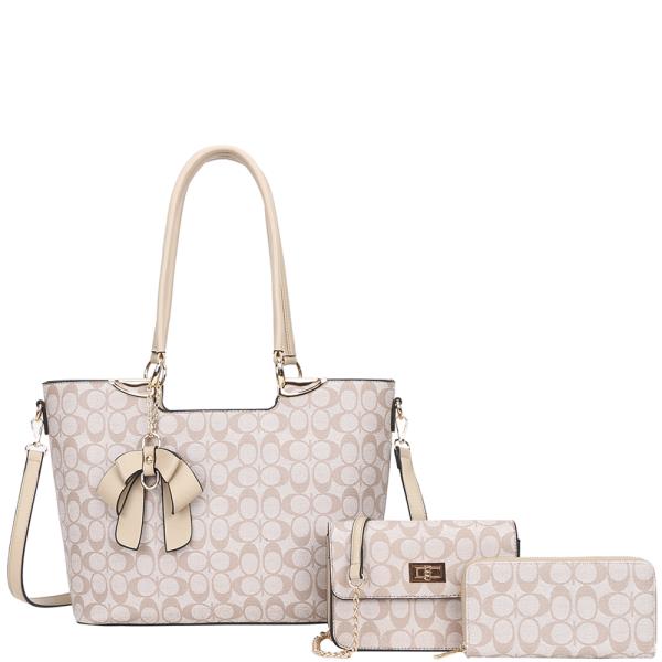 3IN1 OVAL PATTERN PRINT TOTE W CROSSBODY AND WALLET SET