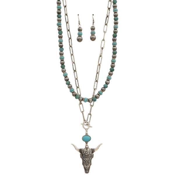 WESTERN CATTLE HEAD TURQUOISE BEADED LAYERED NECKLACE