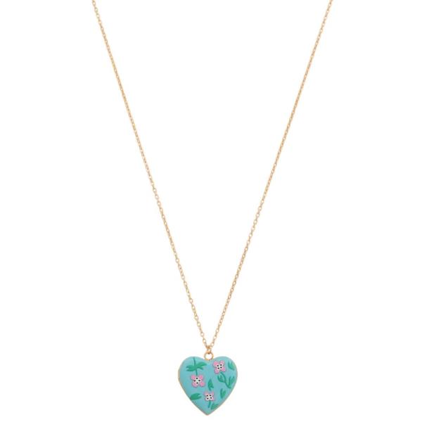 FLOWER PATTERN HEART CHARM LOCKET NECKLACE