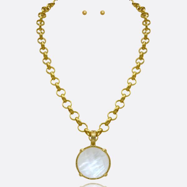 ROUND STONE PENDANT CHAIN NECKLACE EARRING SET