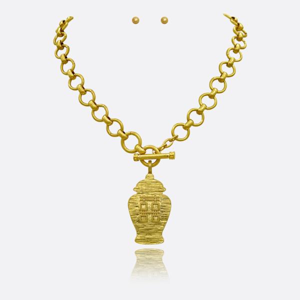 TEXTURED METAL PENDANT CHAIN NECKLACE EARRING SET