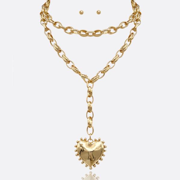 HEART LOCKET PENDANT LAYERED CHAIN Y NECKLACE EARRING SET
