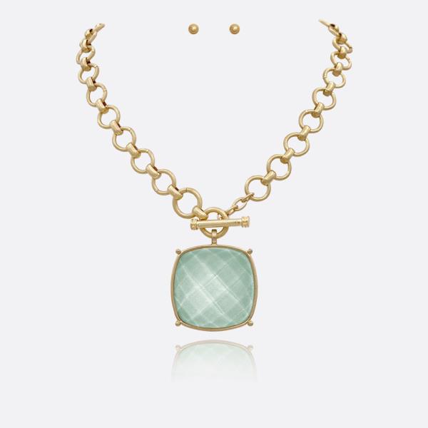 SQUARE STONE PENDANT CHAIN NECKLACE EARRING SET