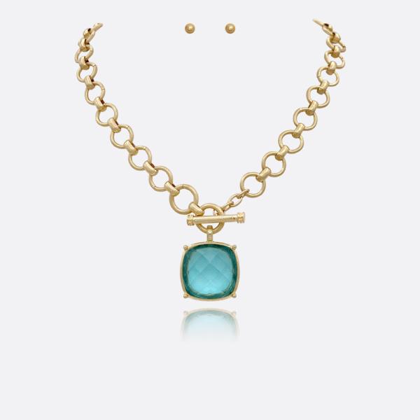 SQUARE STONE PENDANT CHAIN NECKLACE EARRING SET