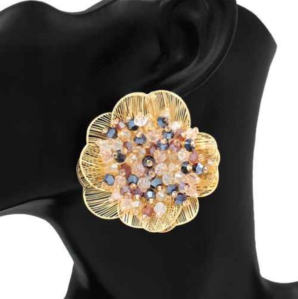 TEXTURED METAL BEADED FLOWER STUD EARRING