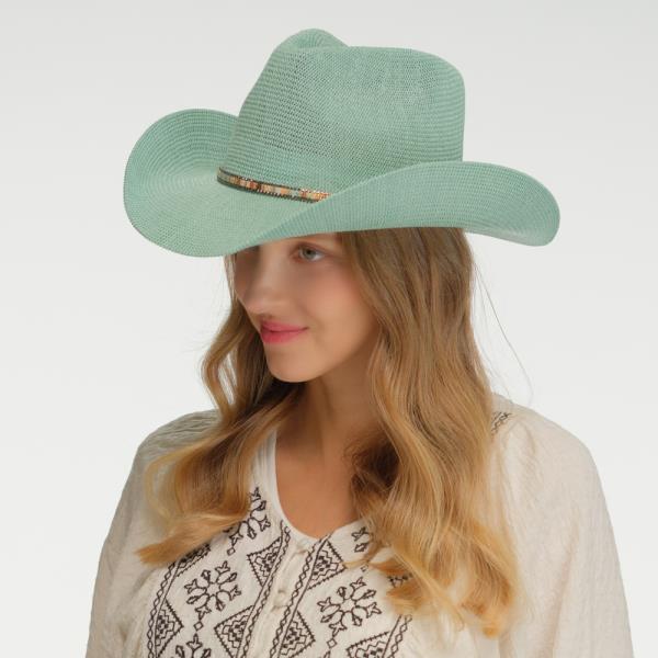 CC KNITTED COWBOY HAT WITH MULTI COLORED TRIM BAND