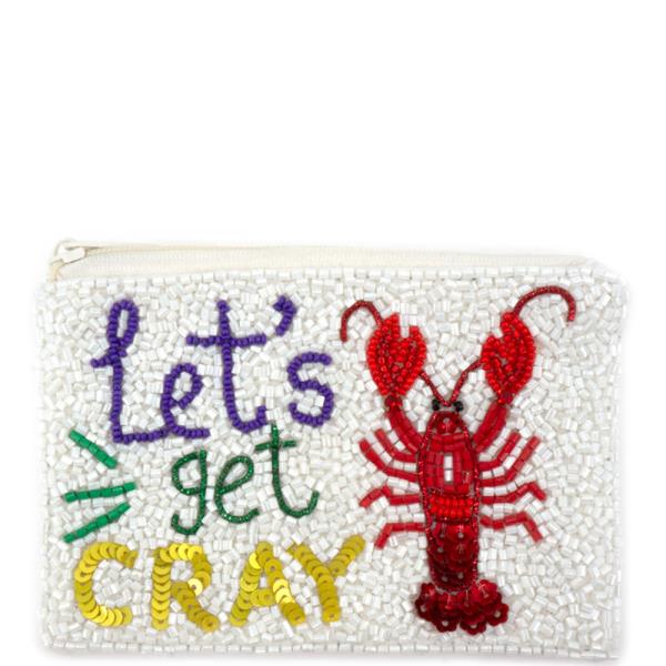 LET’S GET CRAY TEXT LOBSTER GRAPHIC SEED BEAD COIN PURSE BAG