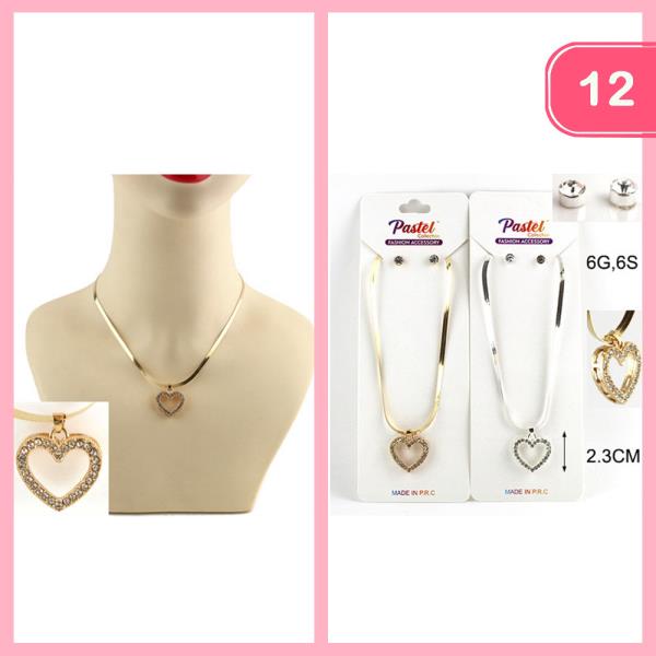 RHINESTONE HEART PENDANT NECKLACE EARRING SET (12 UNITS)
