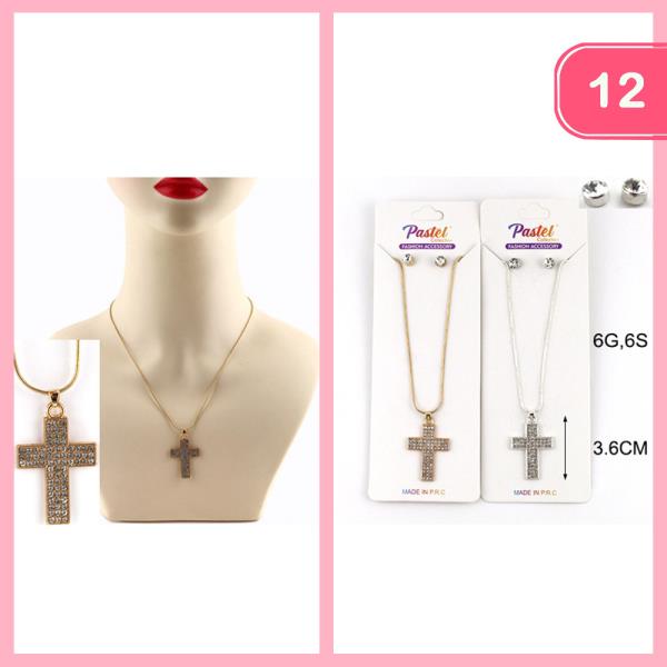 RHINESTONE CROSS PENDANT NECKLACE EARRING SET (12 UNITS)
