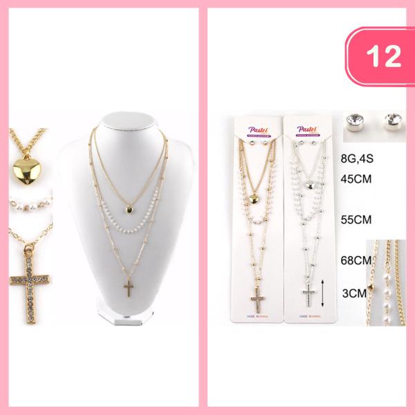 LAYERED CHAIN PEARL HEART CROSS PENDANT NECKLACE (12 UNITS)