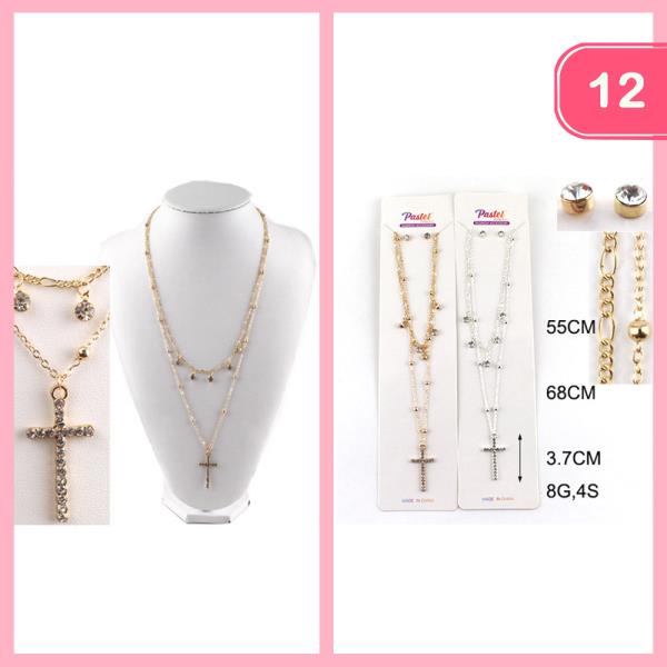 LAYERED RHINESTONE CROSS PENDANT NECKLACE (12 UNITS)