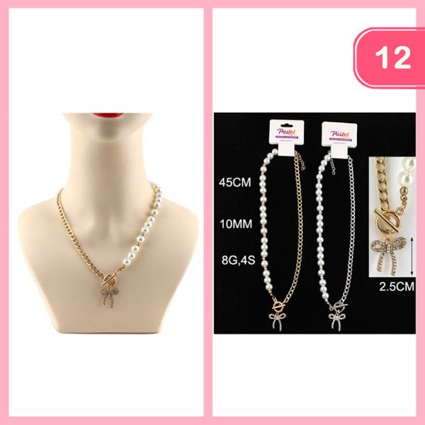 CHAIN PEARL TOGGLED RHINESTONE BOW PENDANT NECKLACE (12 UNITS)