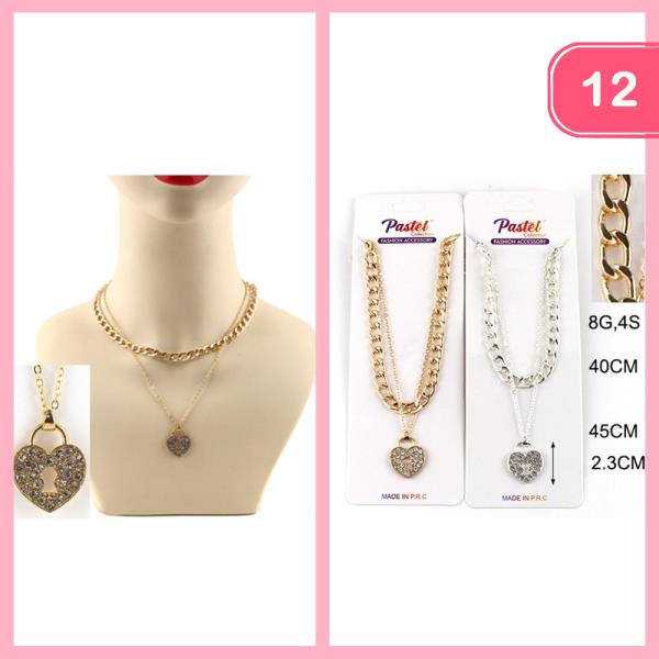 LAYERED RHINESTONE HEART PENDANT NECKLACE (12 UNITS)