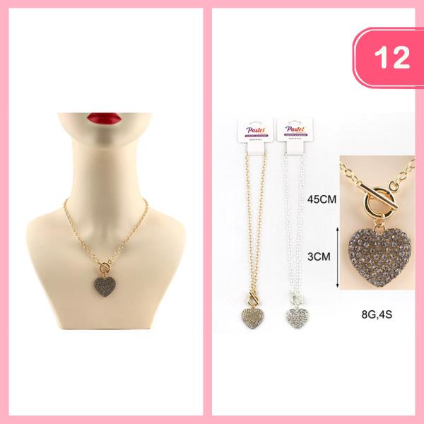 RHINESTONE HEART TOGGLED NECKLACE (12 UNITS)