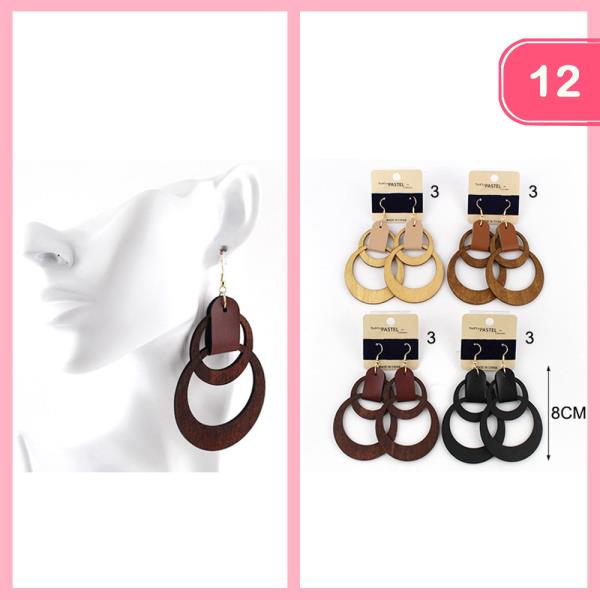 WOODEN DOUBLE HOOP DANGLE EARRINGS (12 UNITS)