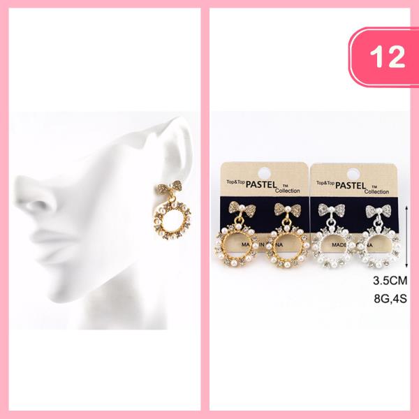 BOW ROUND METAL PEARL DANGLE POST EARRINGS (12 UNITS)