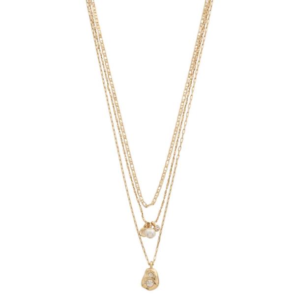 RHINESTONE METAL PEARL BEAD CHARM LAYERED NECKLACE