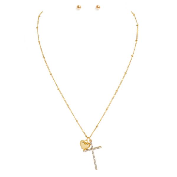 METAL HEART RHINESTONE CROSS PENDANT NECKLACE