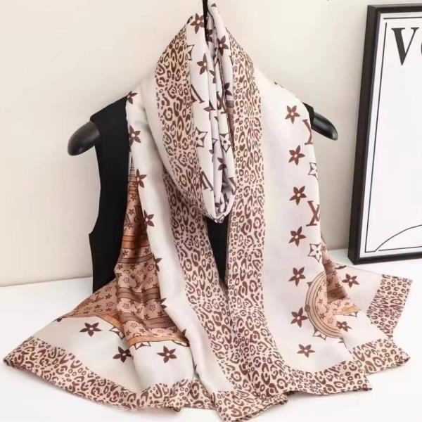 MONOGRAM FLOWER LEOPARD MIX PATTERN SILKY BANDANA NECK SCARF