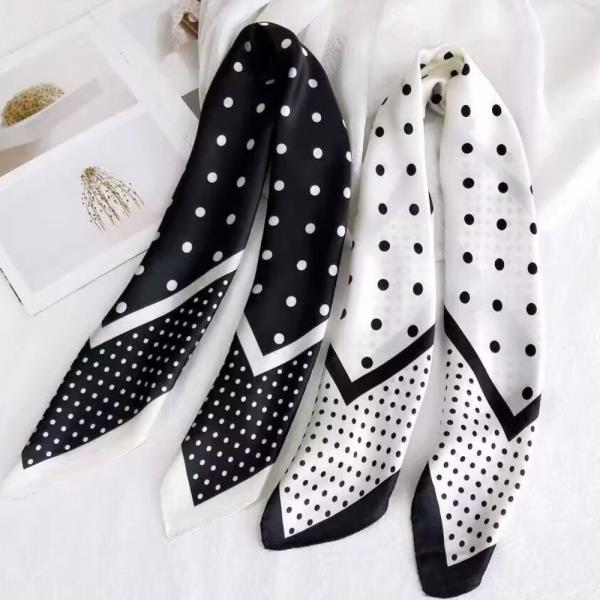 CONTRAST POLKA DOT BORDER MIX PATTERN SILKY BANDANA NECK SCARF