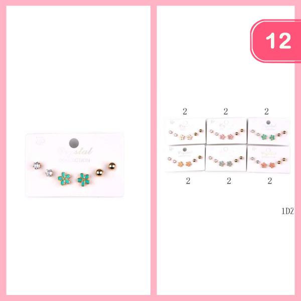 FLOWER RHINESTONE METAL PEARL LIKE POST EARRING SET (12 UNITS)