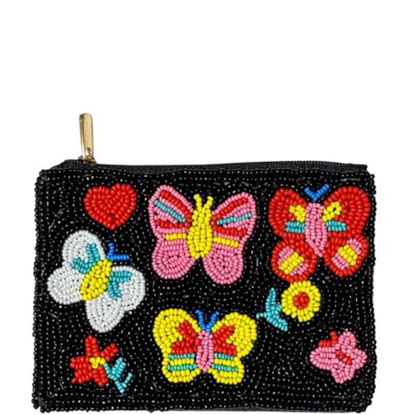 FLOWER BUTTERFLY HEART SEED BEAD COIN PURSE BAG