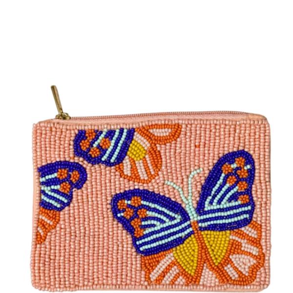 MULTI BUTTERFLY SEED BEAD COIN PURSE BAG