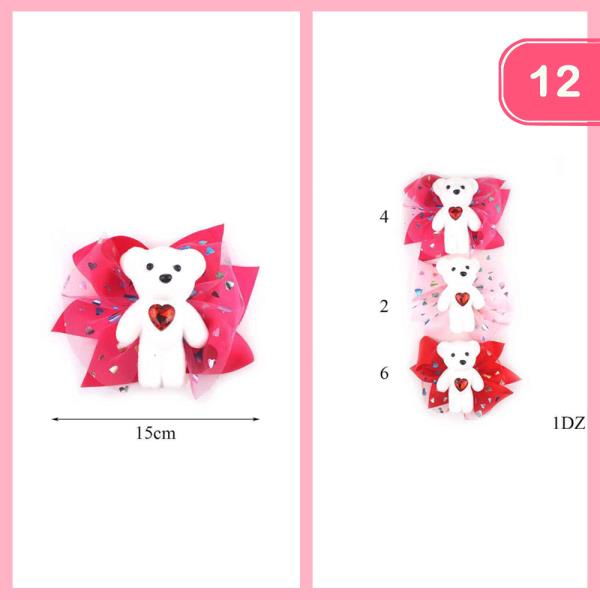 CUTE TEDDY BEAR RIBBON HAIR BOW (12 UNITS