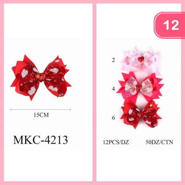 CUTE RIBBON SEQUINS VALENTINES HAIR BOW (12 UNITS)