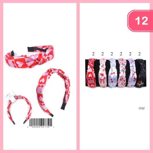 CUTE HEART CHERRY BOW SILK LIKE KNOTTED HEADBAND (12 UNITS)