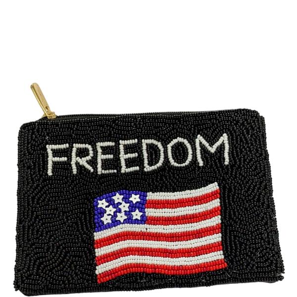FREEDOM AMERICAN FLAG TEXT SEED BEAD COIN PURSE BAG