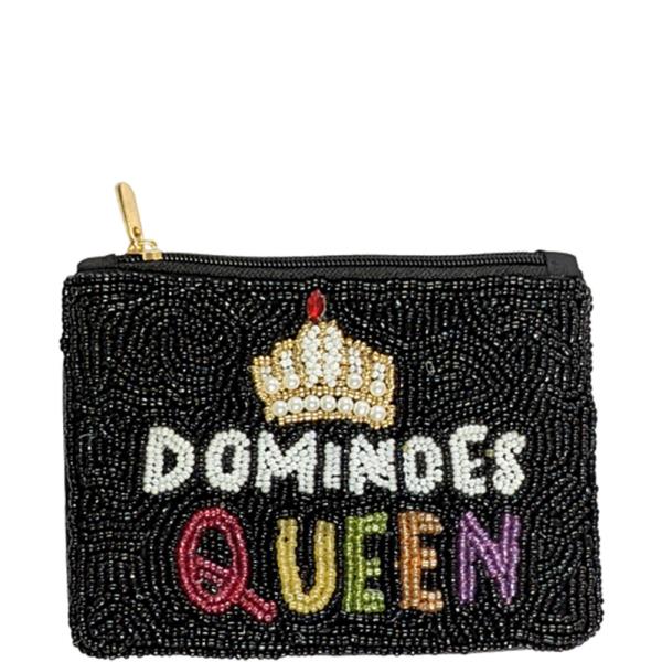 DOMINOES QUEEN CROWN TEXT SEED BEAD COIN PURSE BAG