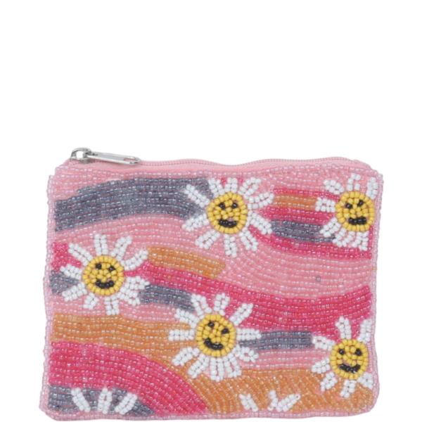 HAPPY FACE FLOWER WAVE SEED BEAD COIN PURSE BAG
